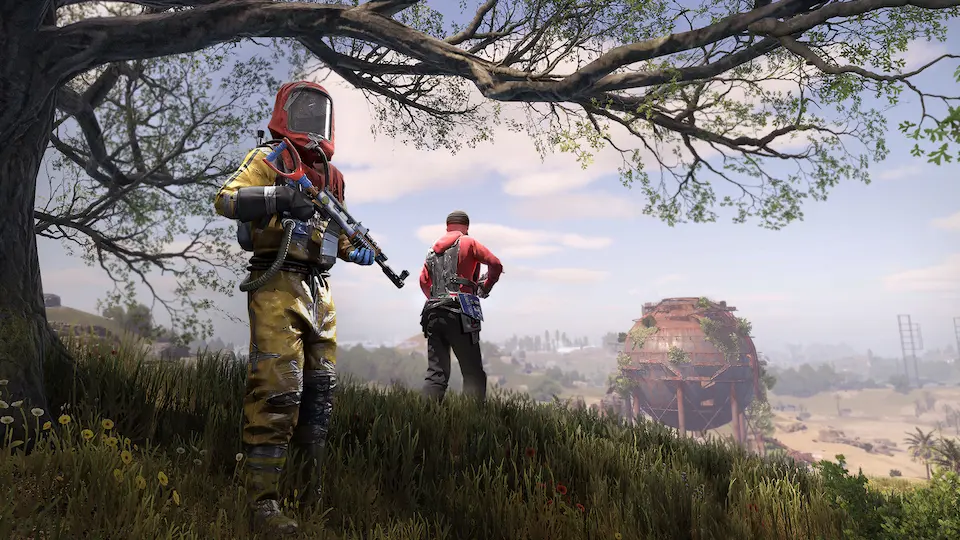 Rust survival gameplay scene with a fortified base, open terrain, and streamer-focused PvP action